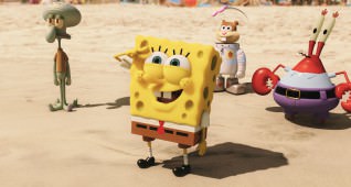 Left to right: Squidward Tentacles,.SpongeBob SquarePants, Sandy Cheeks and Mr. Krabs.  SpongeBob SquarePants, the world's favorite sea dwelling invertebrate, comes ashore to our world for his most super-heroic adventure yet in THE SPONGEBOB MOVIE: SPONGE OUT OF WATER, from Paramount Pictures and Nickelodeon Movies.